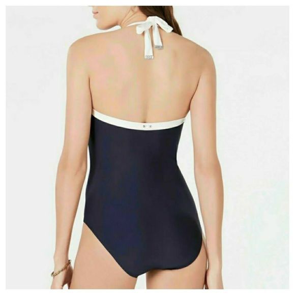 New DKNY Plus Size 16 One Piece Halter Swimsuit Black Whit Shelf Bra Compression - Picture 3 of 14